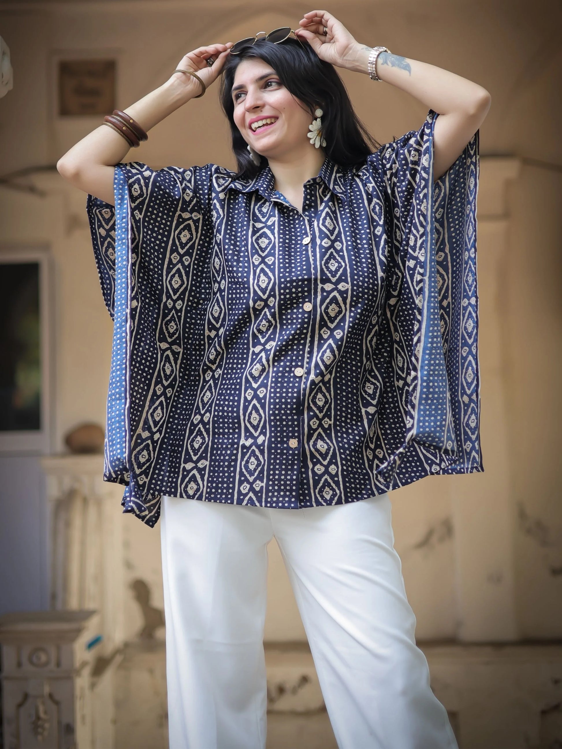 Navy Bandhani kaftan top — styled with trousers | Youthnic