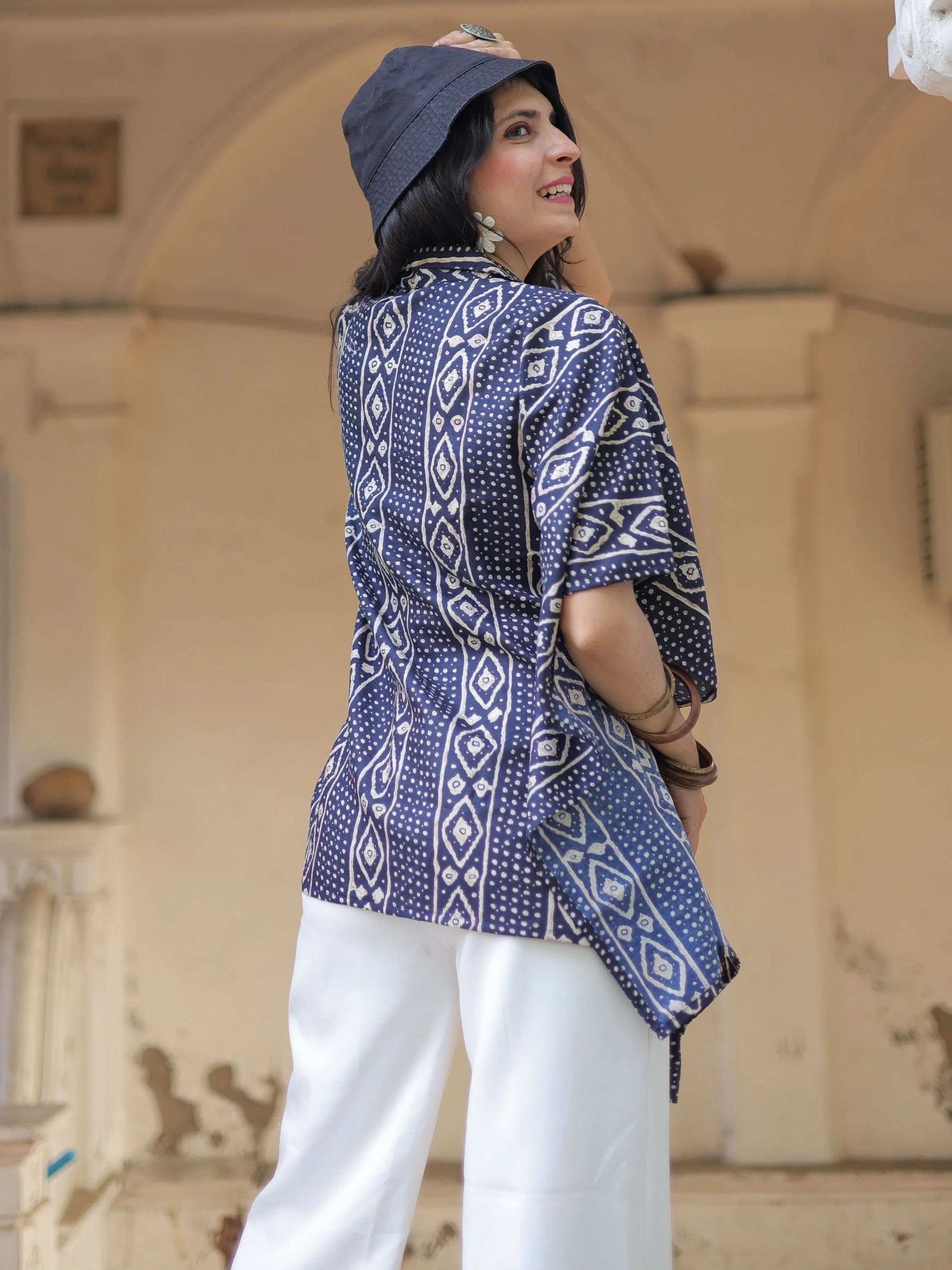 Navy Bandhani print kaftan tunic top — full length view | Youthnic