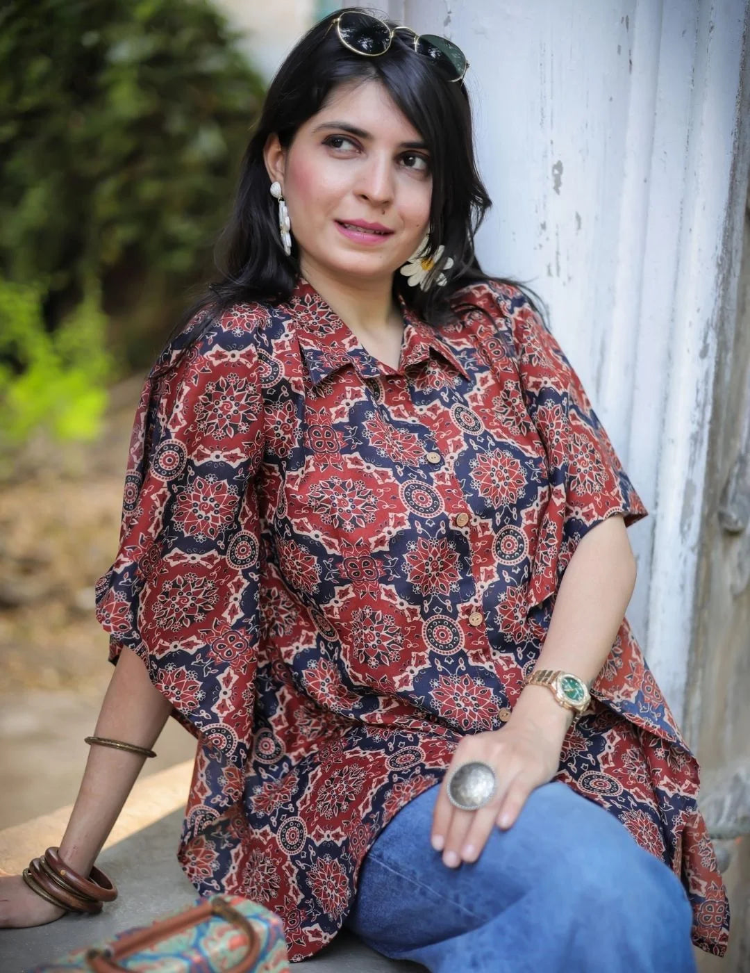 Rust Cotton Blend Ajrak Print Kaftan Tunic Top