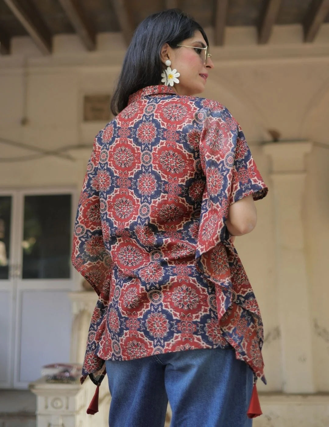 Rust Ajrak kaftan top — print close-up | Youthnic