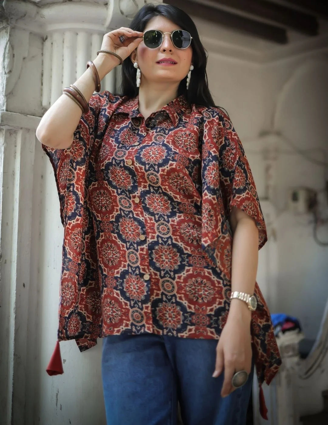 Rust Ajrak kaftan top — sleeve detail | Youthnic
