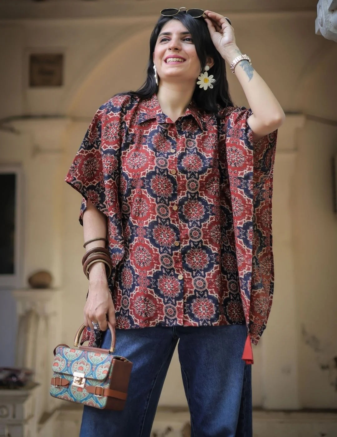 Rust Ajrak kaftan top — styled with jeans | Youthnic