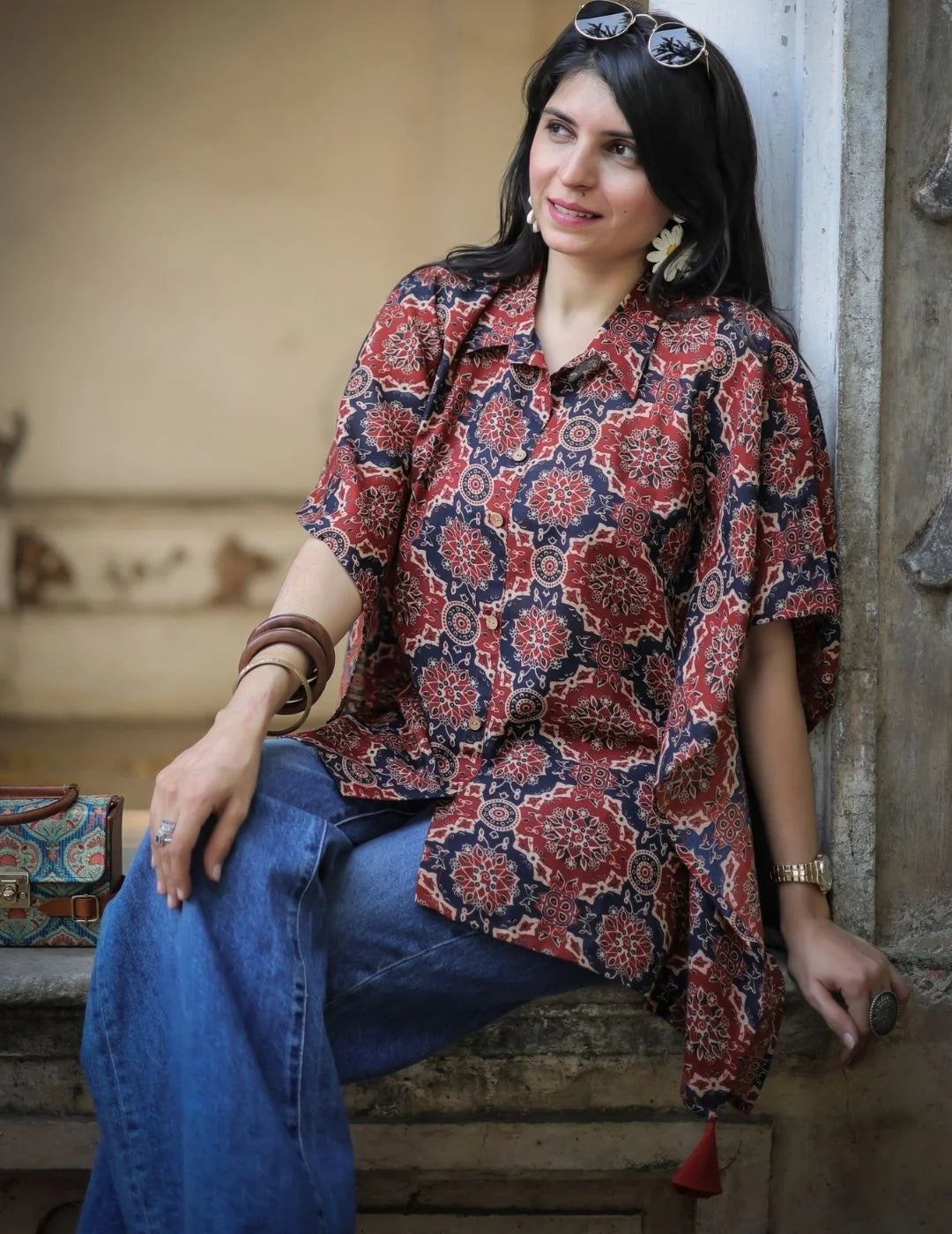 Rust Ajrak print kaftan tunic top — full length view | Youthnic