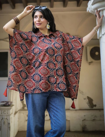 Rust Ajrak print kaftan tunic top — front view | Youthnic
