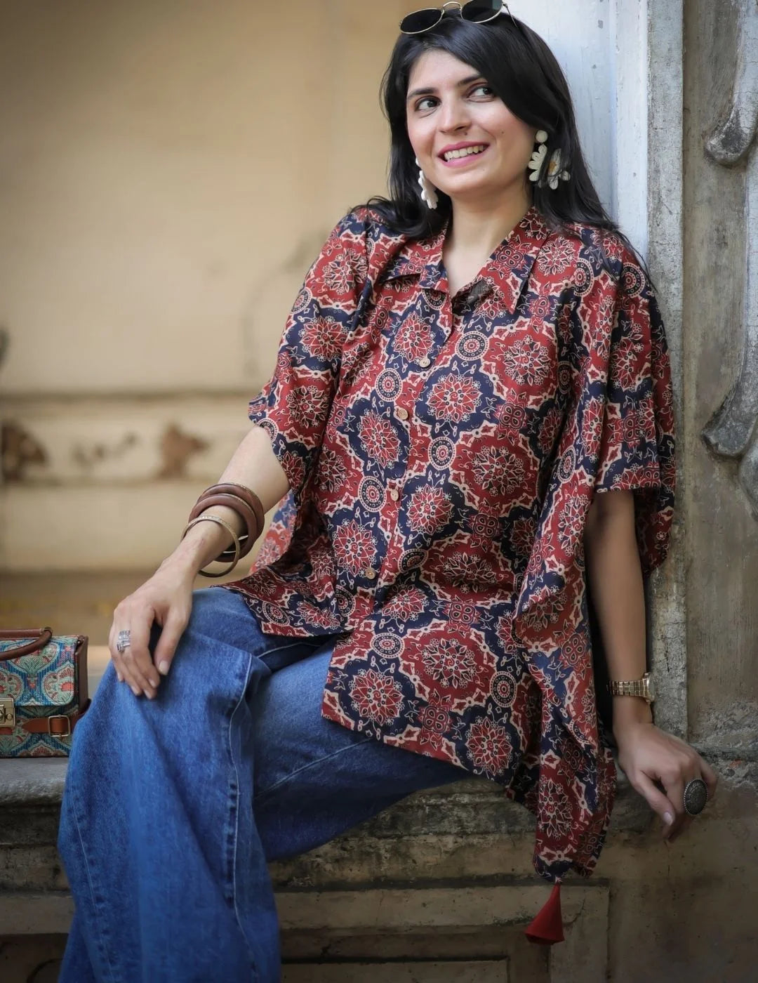 Rust Ajrak kaftan top — relaxed fit detail | Youthnic