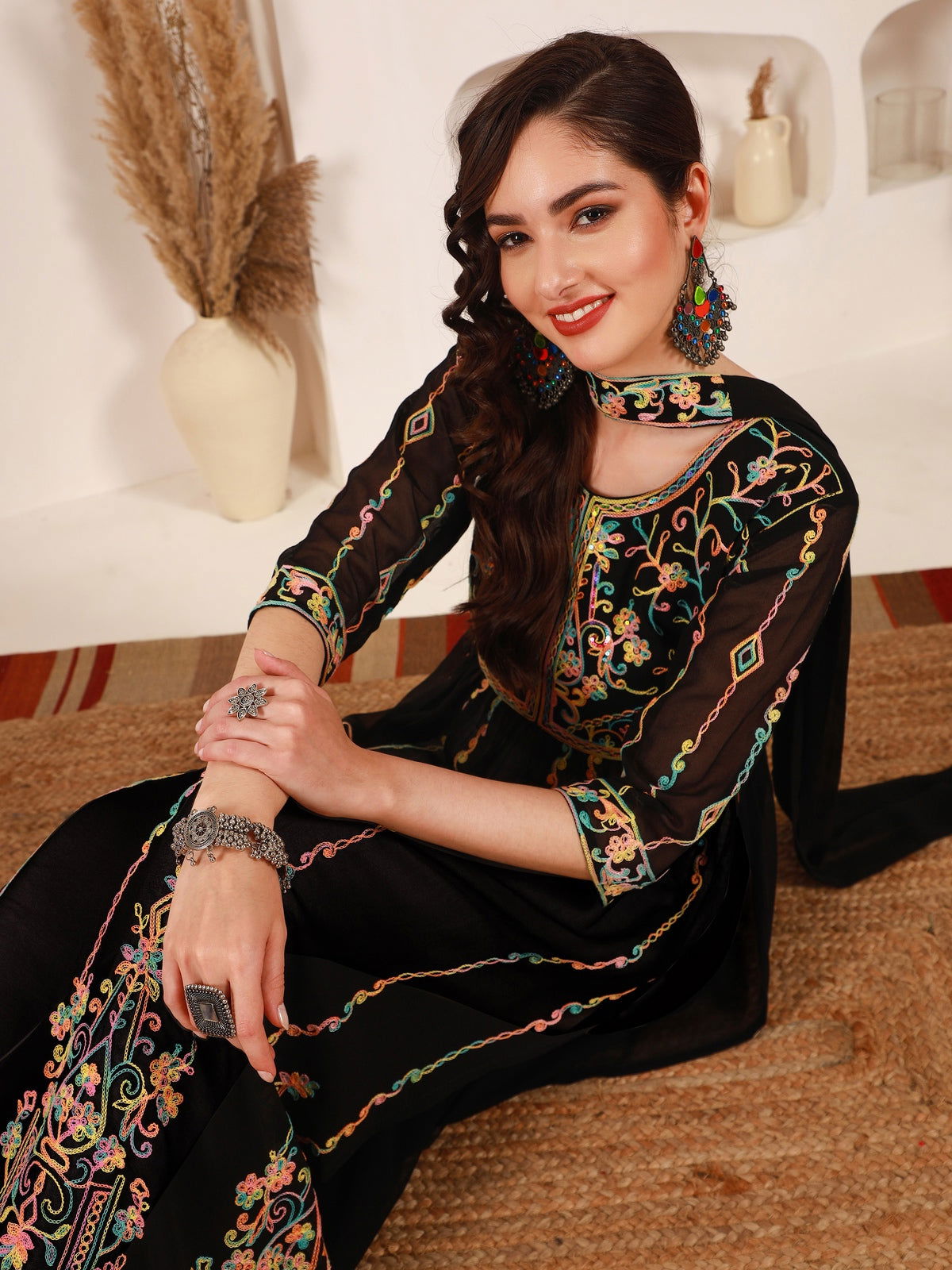 Black Georgette Embroidered and Sequence Work Naira Cut Kurta and Dupatta Set