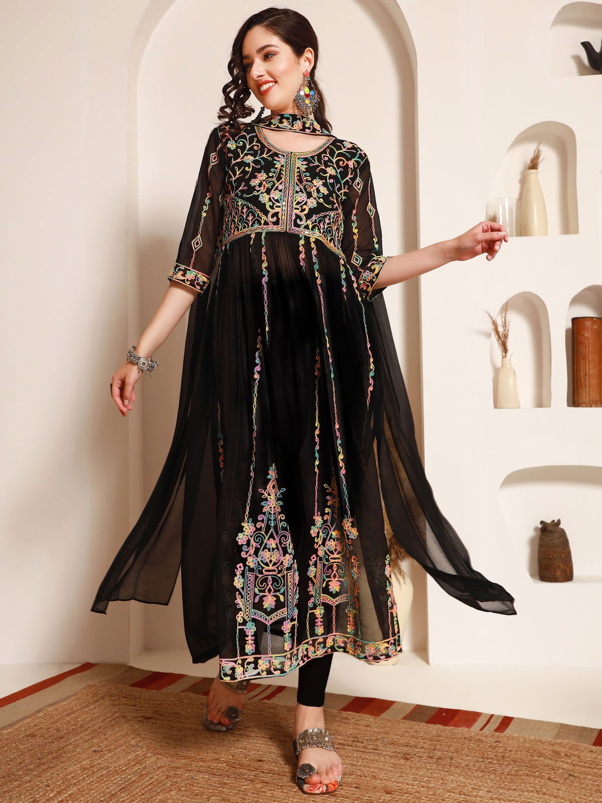 Youthnic - Georgette Embroidered and Sequence Work Naira Cut Kurta and Dupatta Set