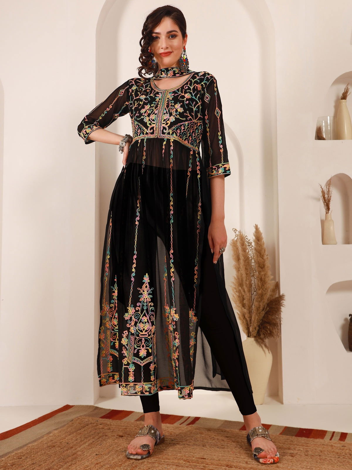 Youthnic - Georgette Embroidered and Sequence Work Naira Cut Kurta and Dupatta Set