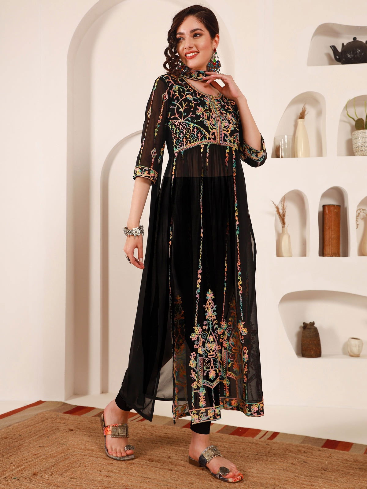 Youthnic - Georgette Embroidered and Sequence Work Naira Cut Kurta and Dupatta Set