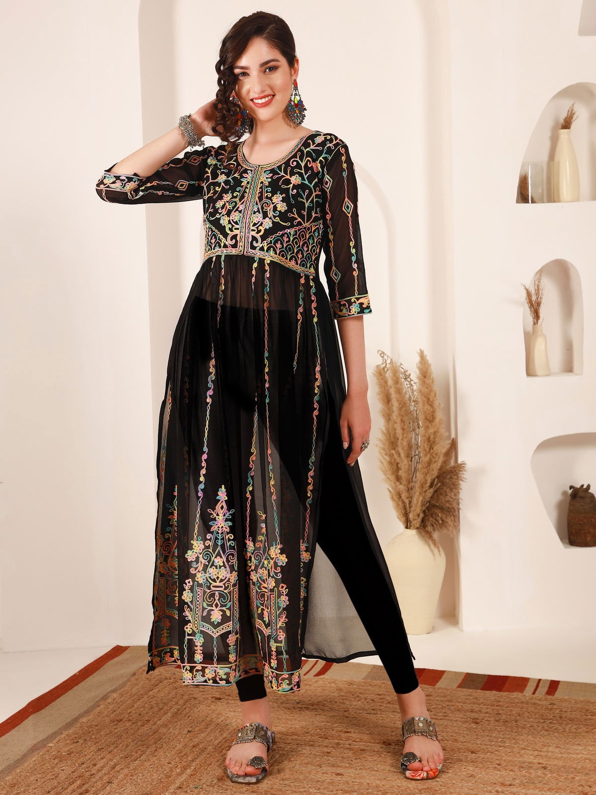 Youthnic - Georgette Embroidered and Sequence Work Naira Cut Kurta and Dupatta Set