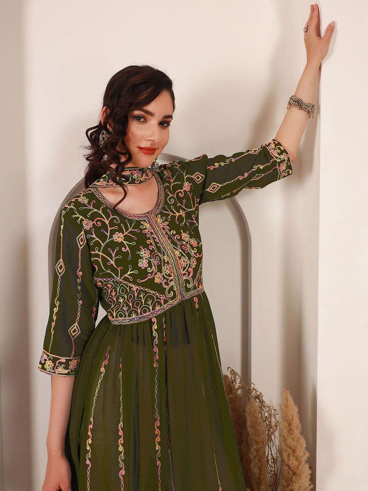Youthnic - Georgette Embroidered and Sequence Work Naira Cut Kurta and Dupatta Set