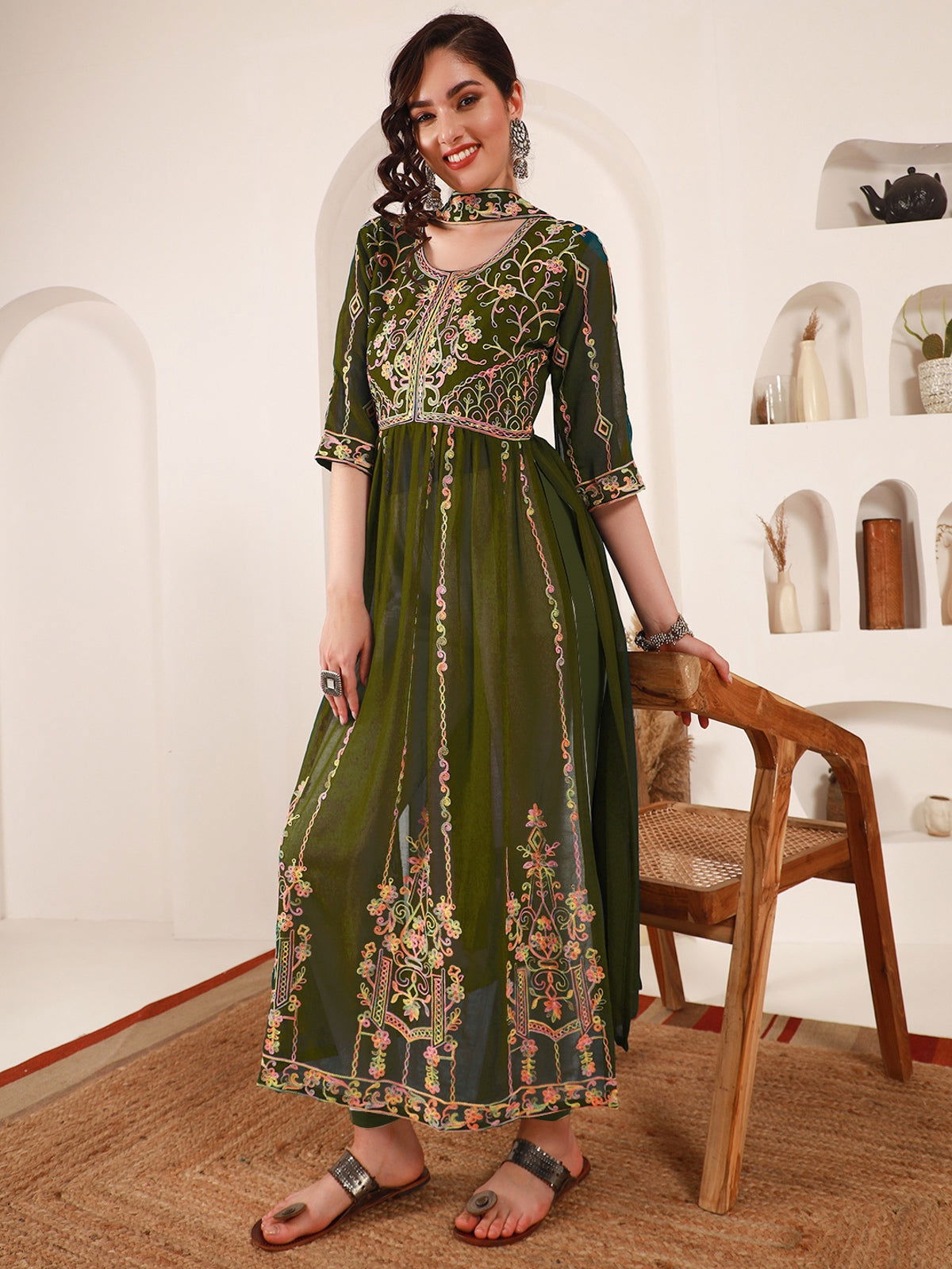 Youthnic - Georgette Embroidered and Sequence Work Naira Cut Kurta and Dupatta Set