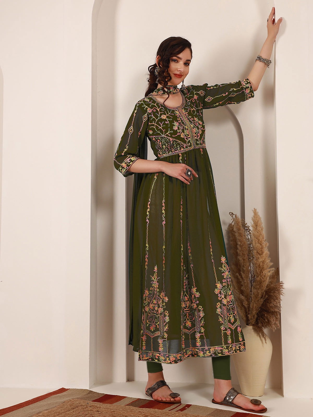Youthnic - Georgette Embroidered and Sequence Work Naira Cut Kurta and Dupatta Set