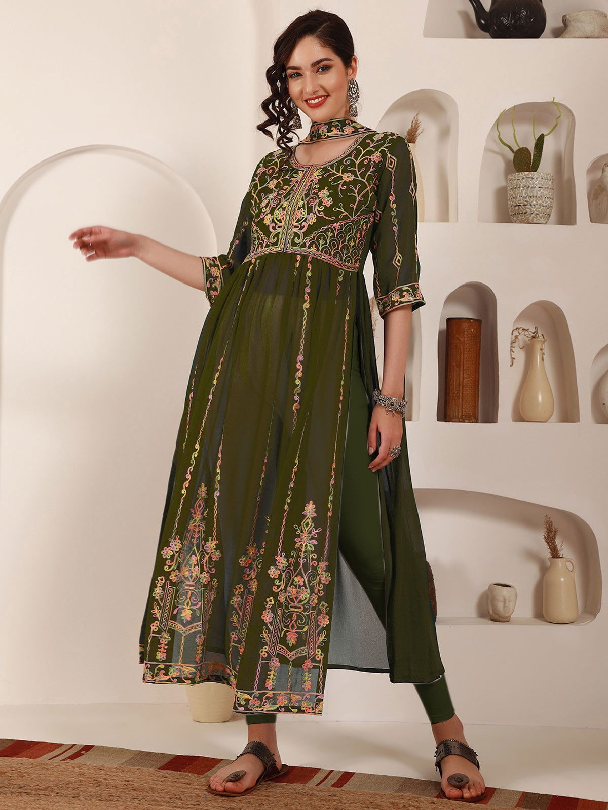 Youthnic - Georgette Embroidered and Sequence Work Naira Cut Kurta and Dupatta Set