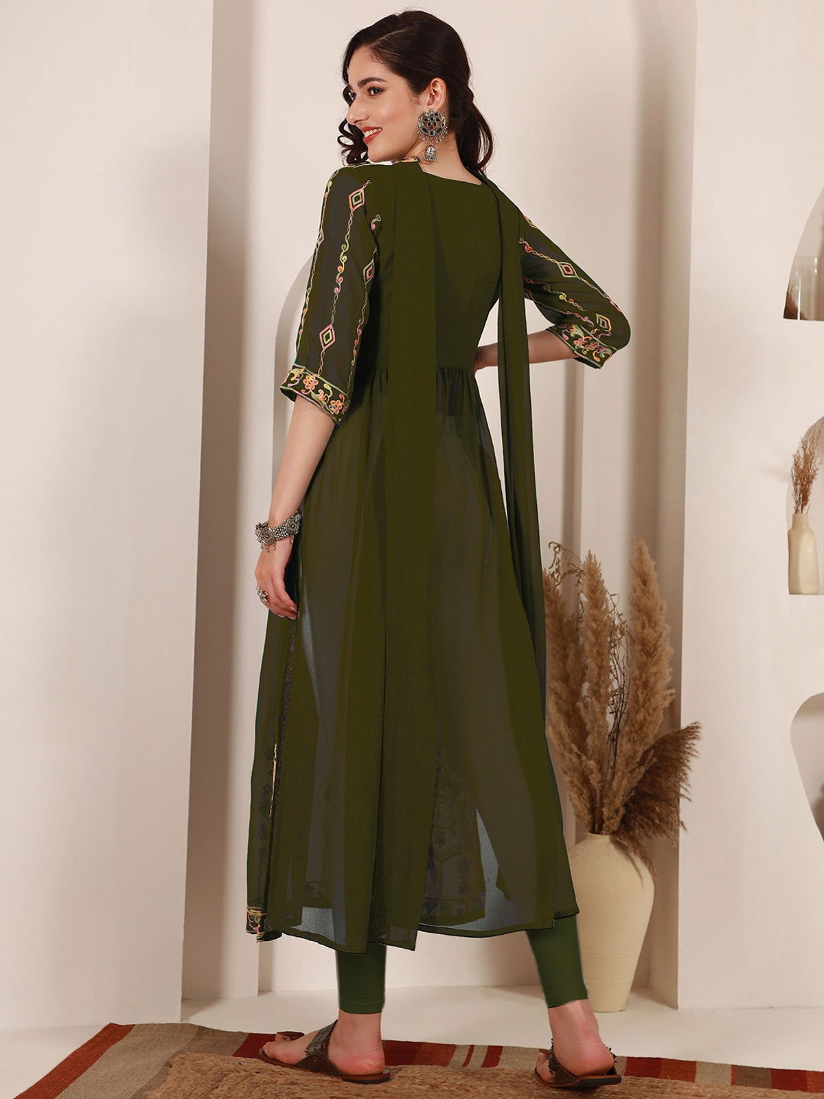 Youthnic - Georgette Embroidered and Sequence Work Naira Cut Kurta and Dupatta Set