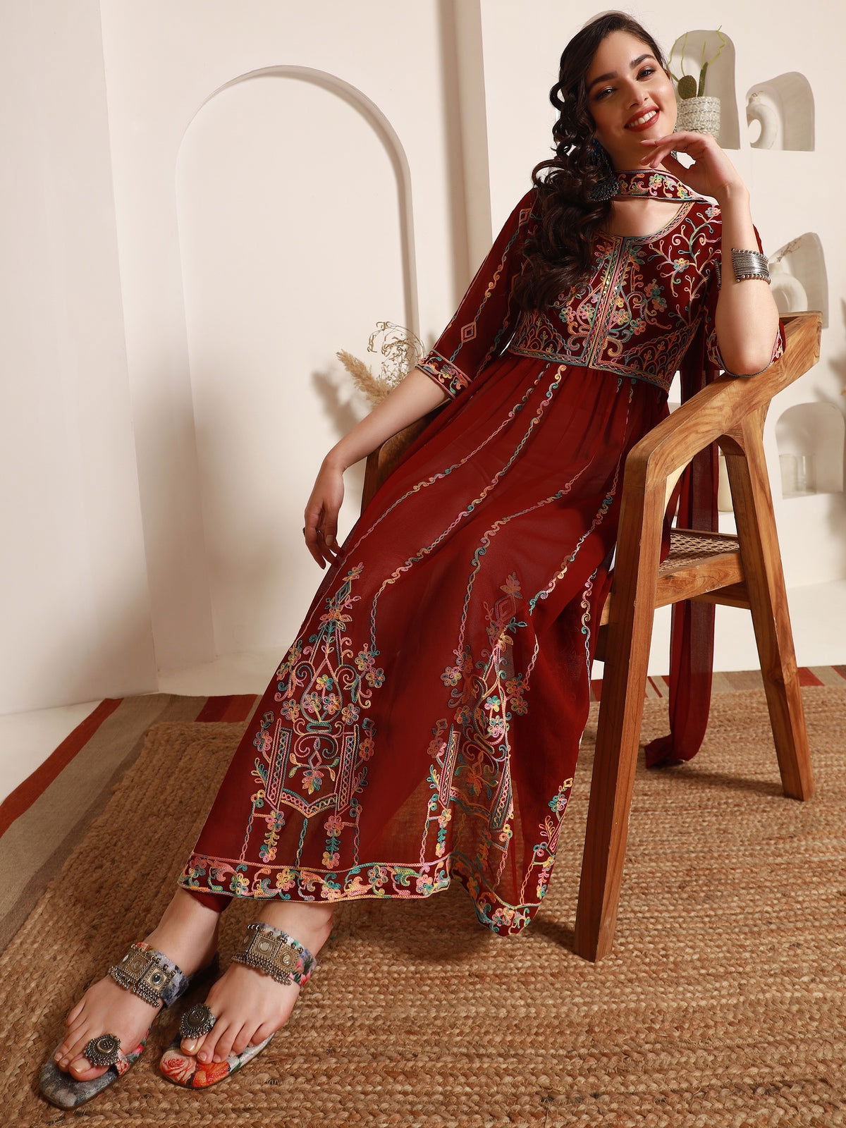 Youthnic - Georgette Embroidered and Sequence Work Naira Cut Kurta and Dupatta Set