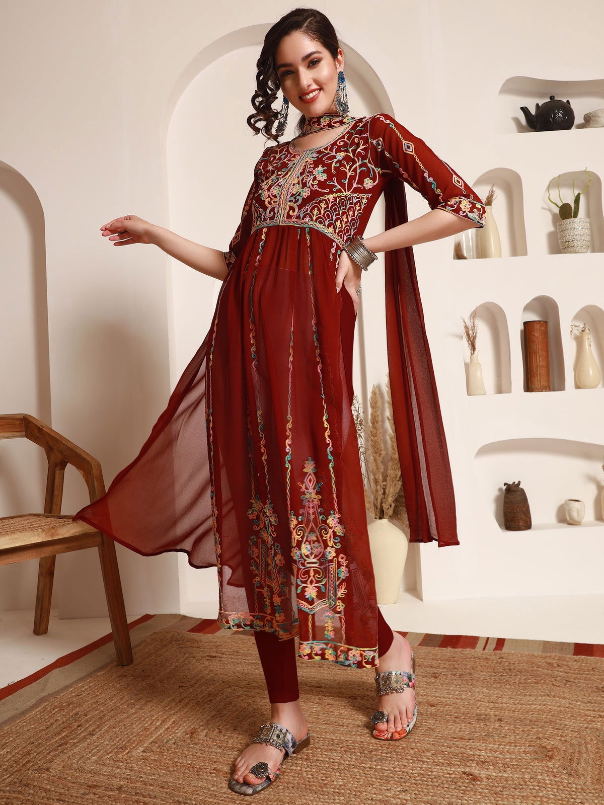 Youthnic - Georgette Embroidered and Sequence Work Naira Cut Kurta and Dupatta Set