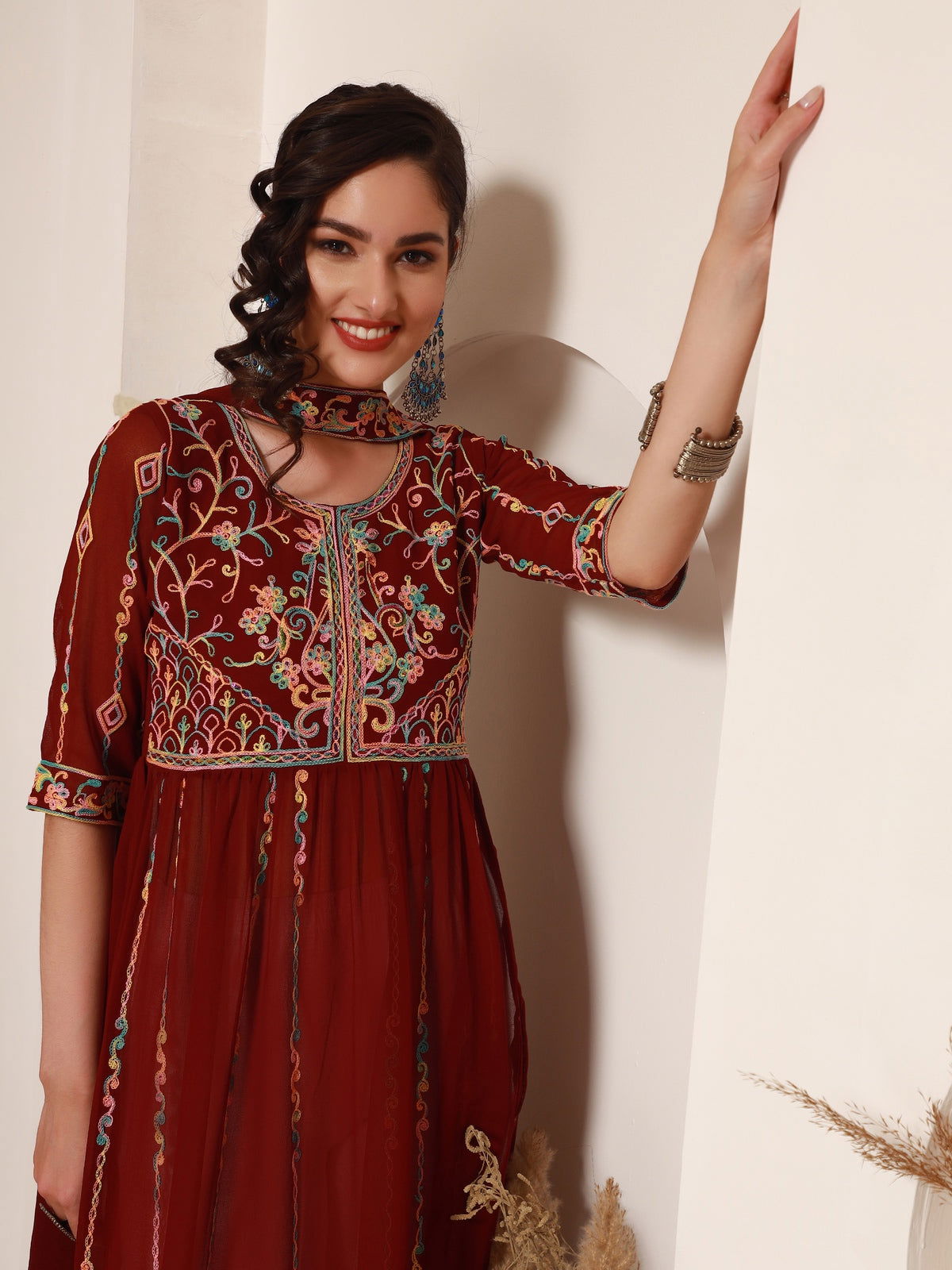 Youthnic - Georgette Embroidered and Sequence Work Naira Cut Kurta and Dupatta Set