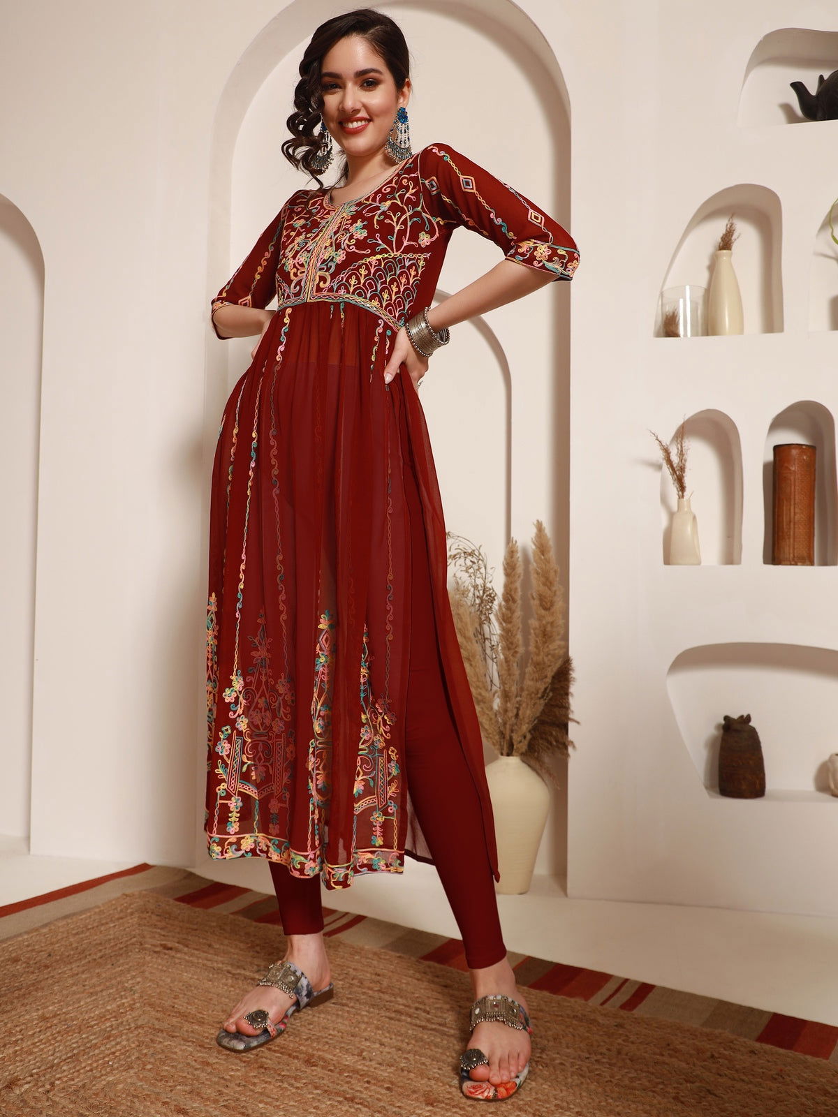 Youthnic - Georgette Embroidered and Sequence Work Naira Cut Kurta and Dupatta Set