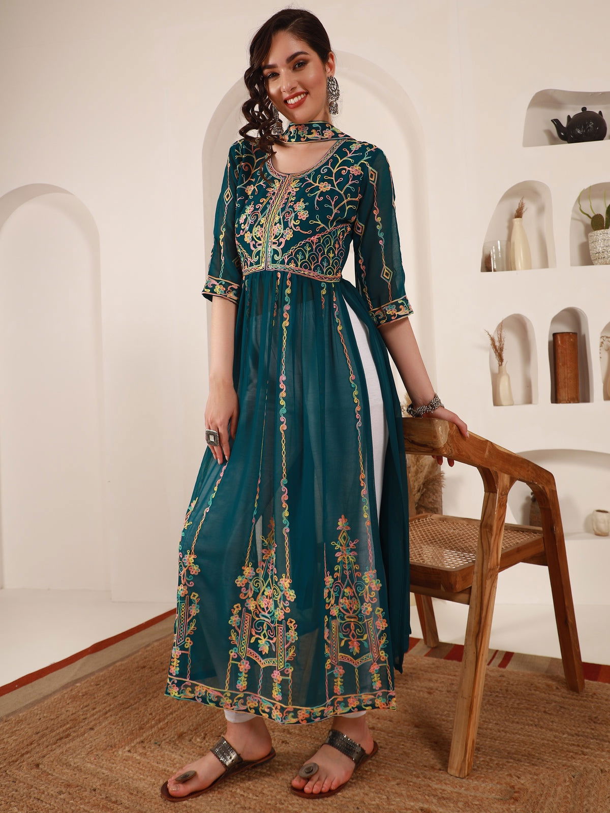 Youthnic - Georgette Embroidered and Sequence Work Naira Cut Kurta and Dupatta Set