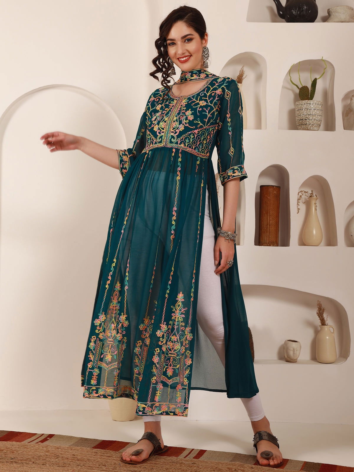 Youthnic - Georgette Embroidered and Sequence Work Naira Cut Kurta and Dupatta Set