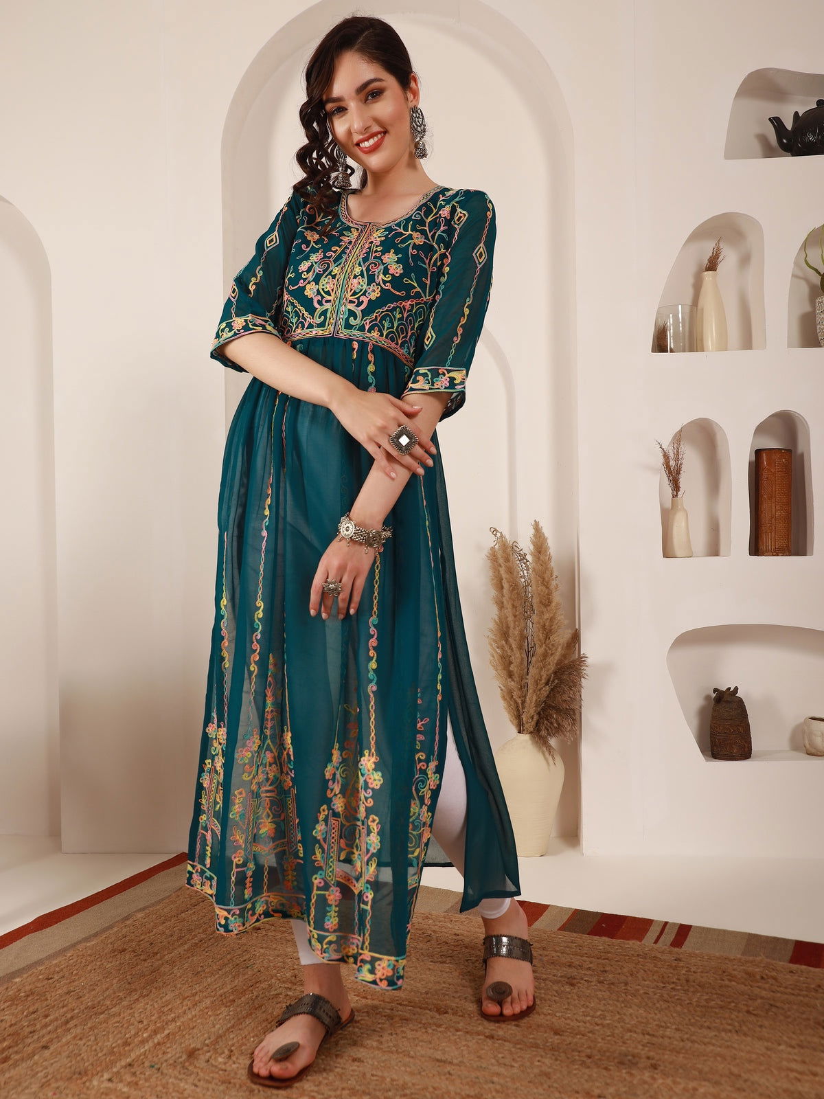 Youthnic - Georgette Embroidered and Sequence Work Naira Cut Kurta and Dupatta Set