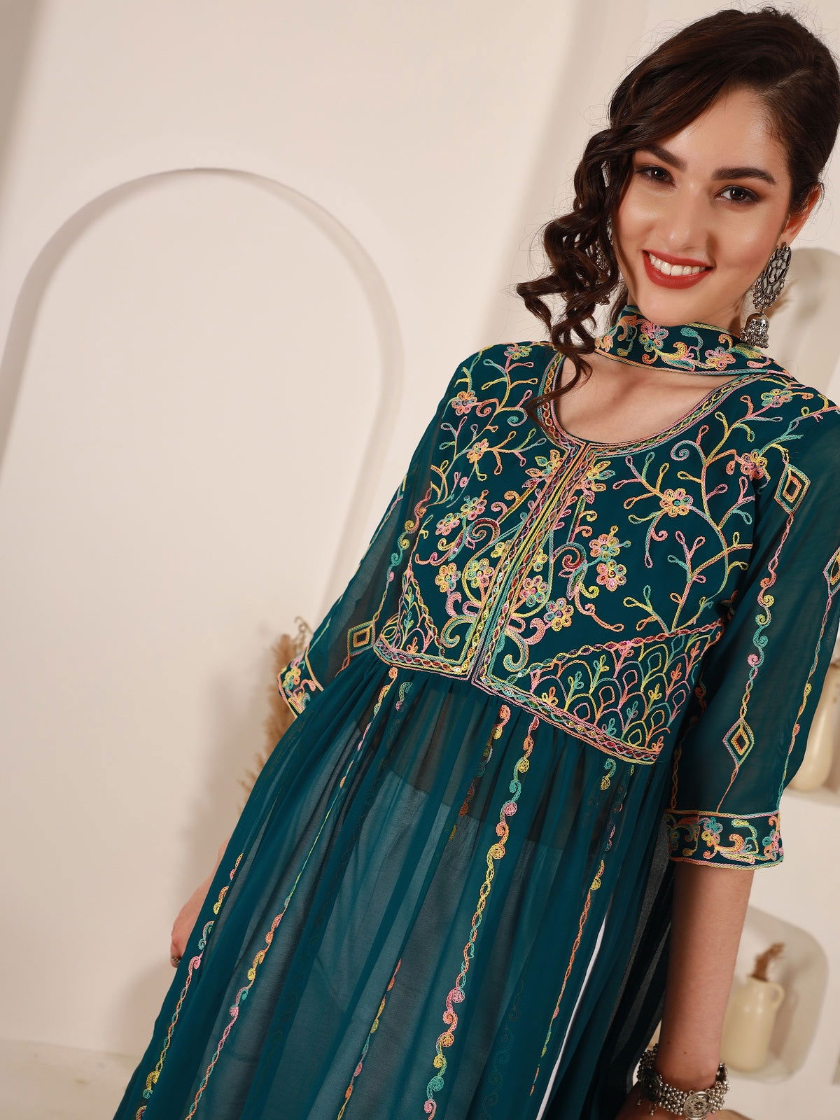 Youthnic - Georgette Embroidered and Sequence Work Naira Cut Kurta and Dupatta Set