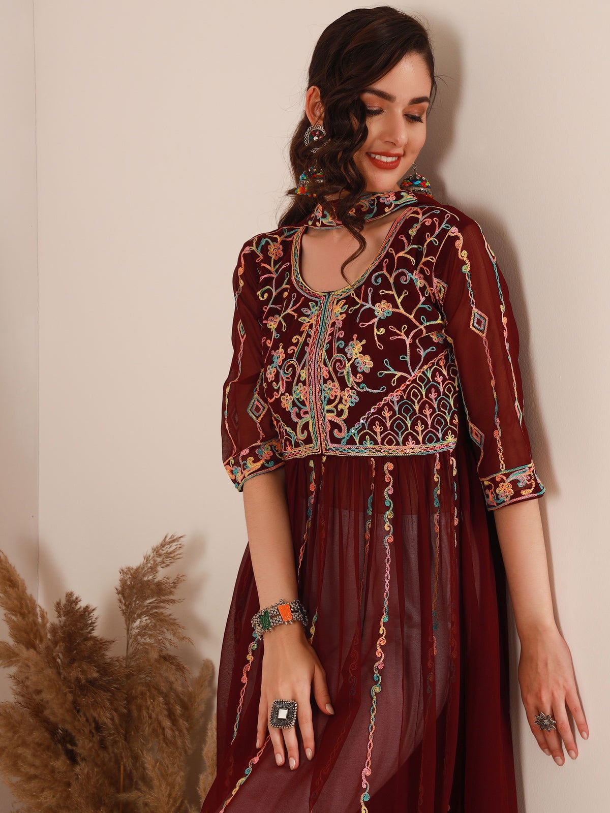 Youthnic - Georgette Embroidered and Sequence Work Naira Cut Kurta and Dupatta Set