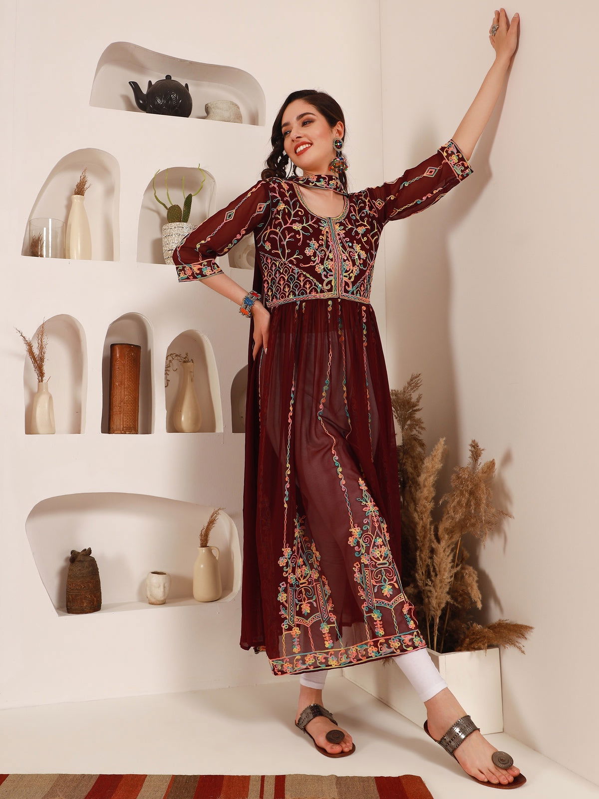 Youthnic - Georgette Embroidered and Sequence Work Naira Cut Kurta and Dupatta Set