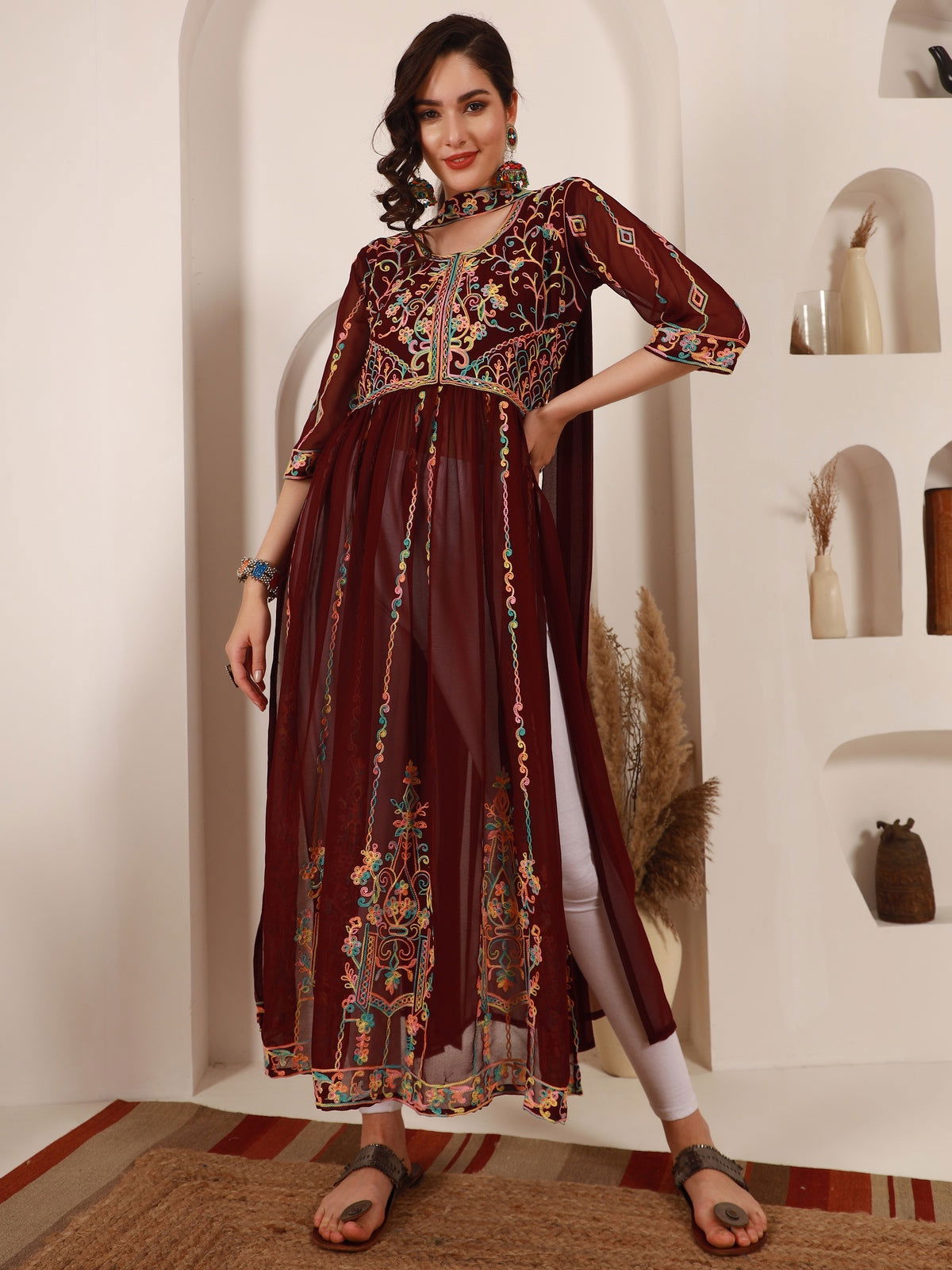 Youthnic - Georgette Embroidered and Sequence Work Naira Cut Kurta and Dupatta Set