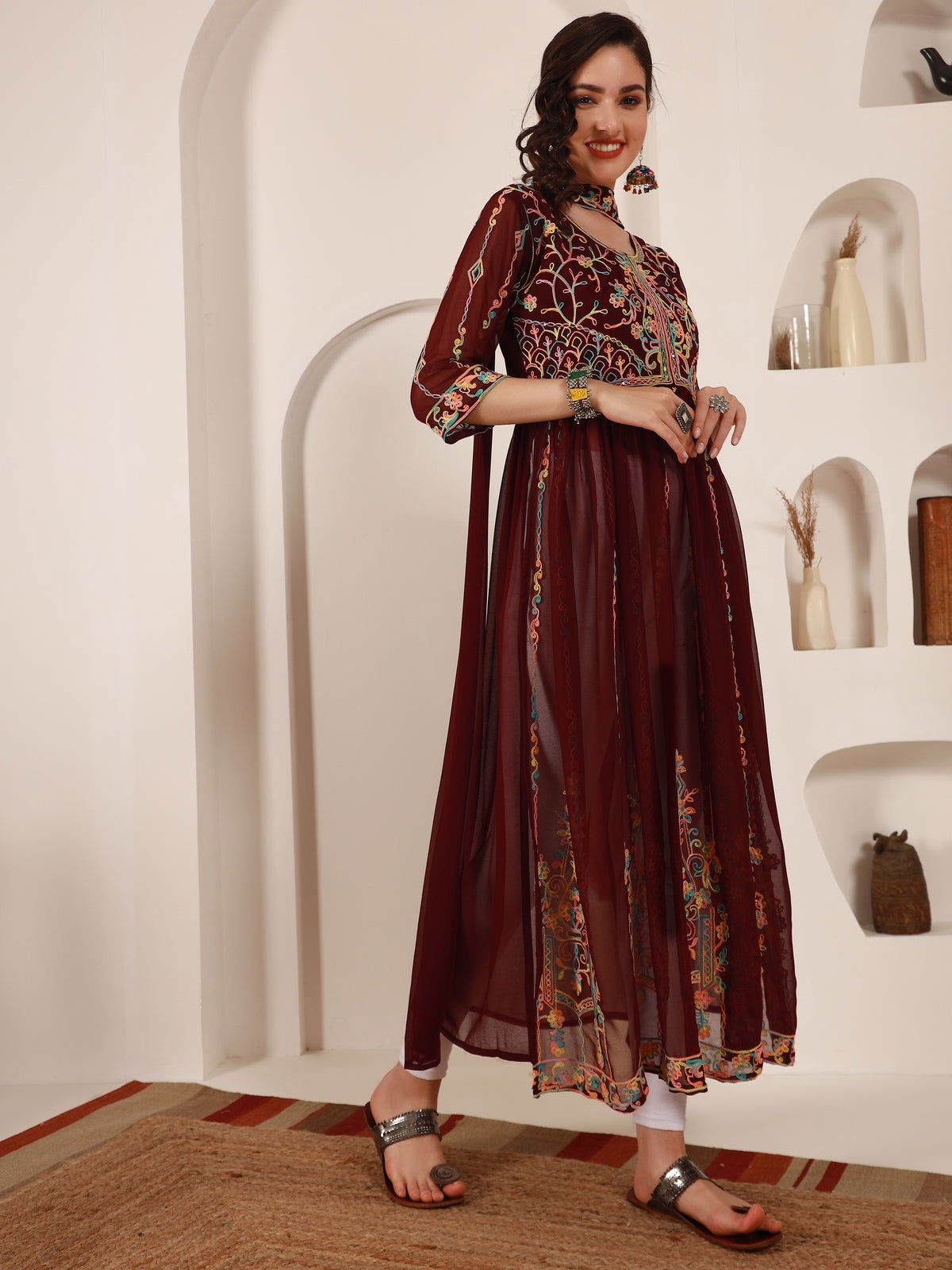 Youthnic - Georgette Embroidered and Sequence Work Naira Cut Kurta and Dupatta Set