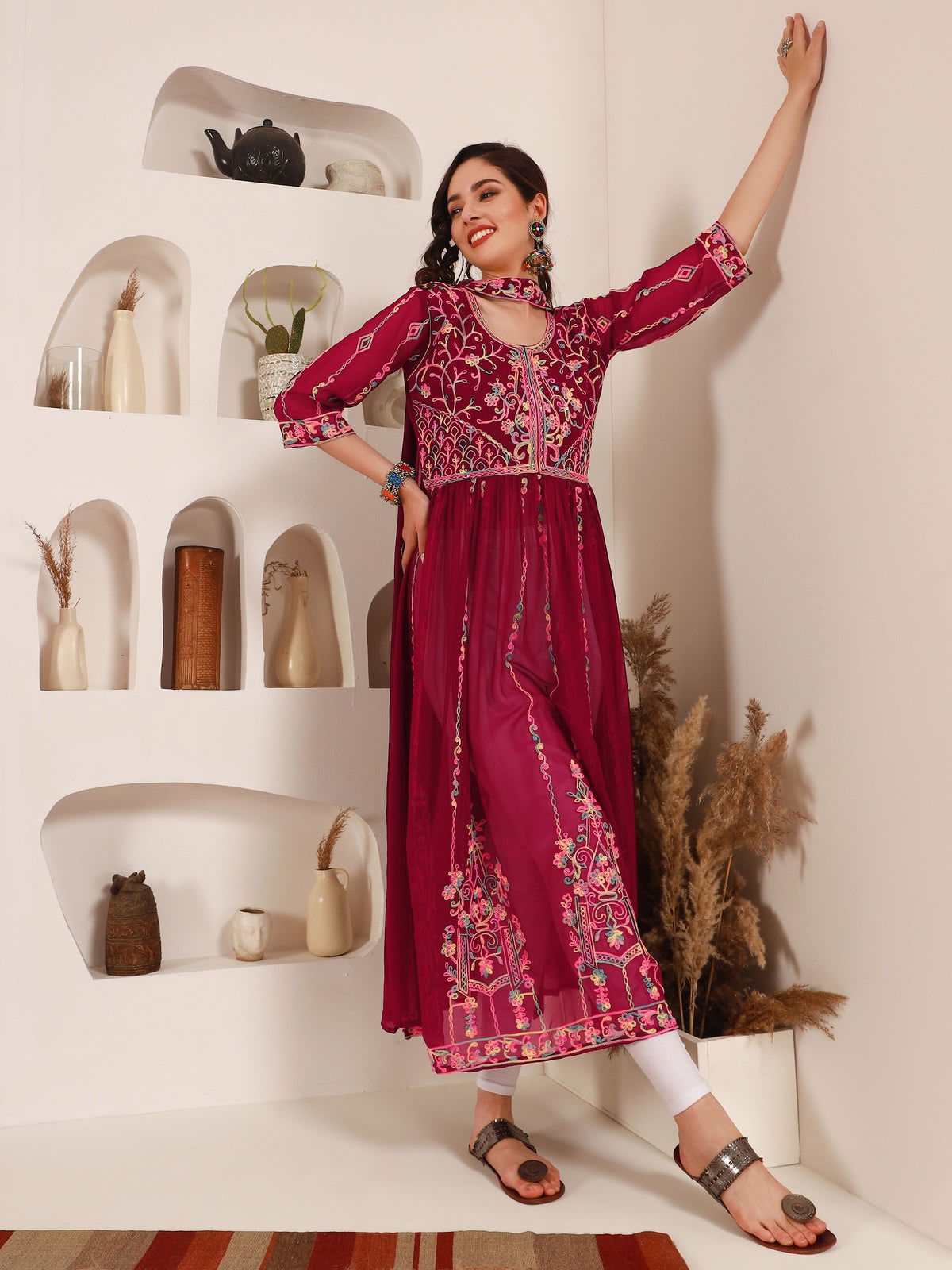 Youthnic - Georgette Embroidered and Sequence Work Naira Cut Kurta and Dupatta Set