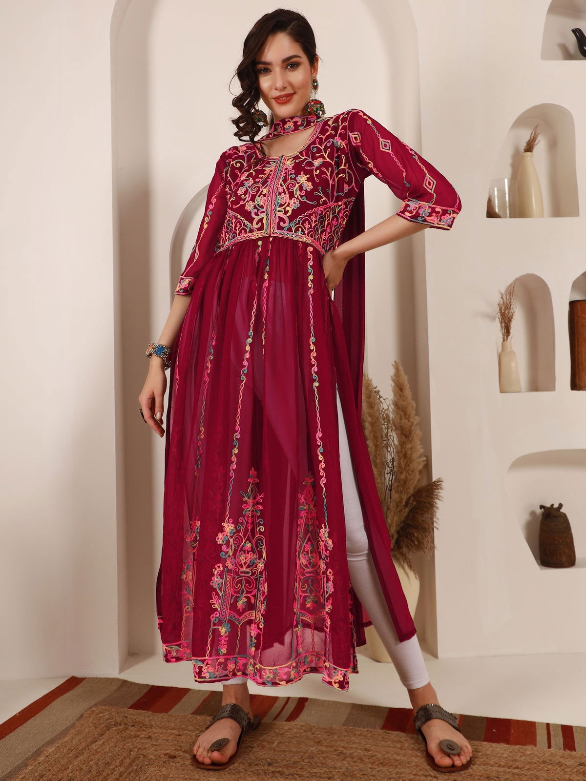 Youthnic - Georgette Embroidered and Sequence Work Naira Cut Kurta and Dupatta Set