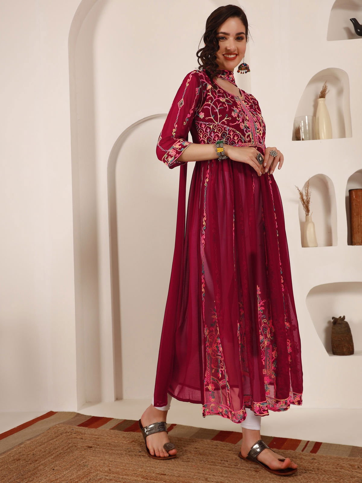 Youthnic - Georgette Embroidered and Sequence Work Naira Cut Kurta and Dupatta Set