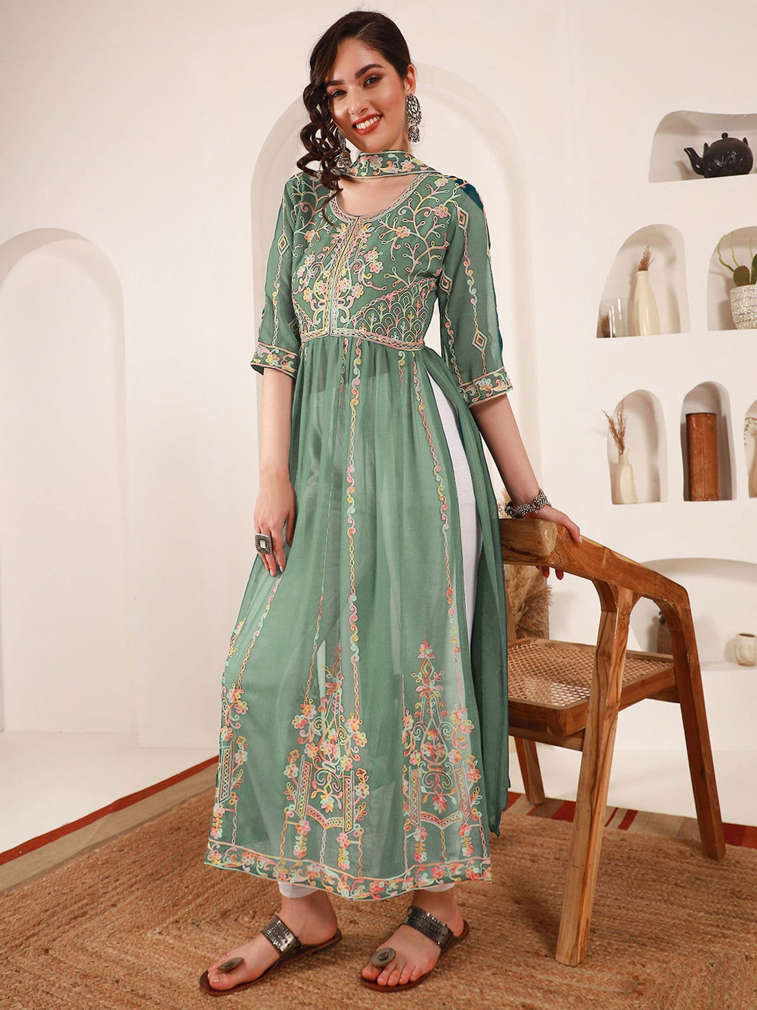 Youthnic - Georgette Embroidered and Sequence Work Naira Cut Kurta and Dupatta Set