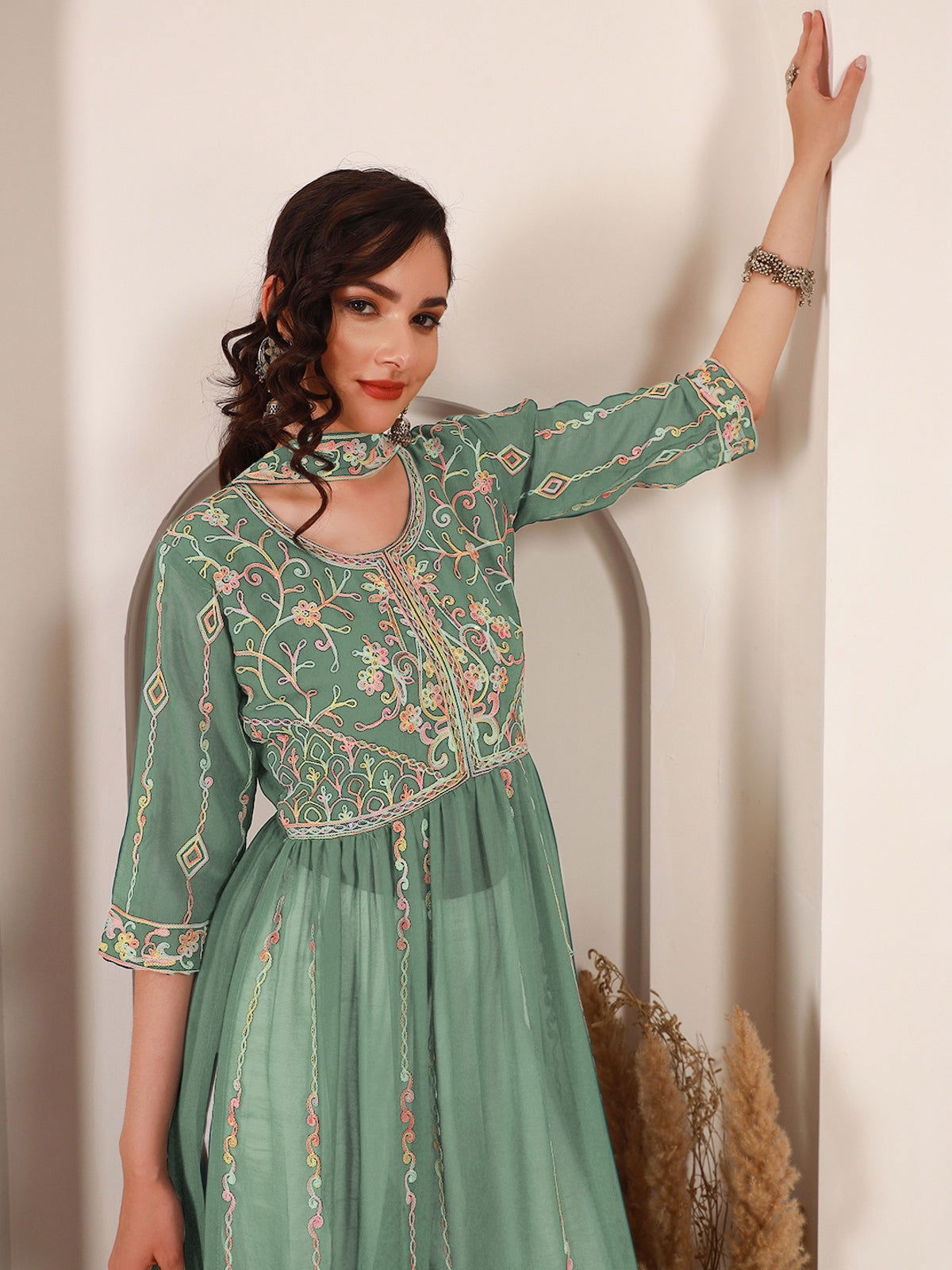 Youthnic - Georgette Embroidered and Sequence Work Naira Cut Kurta and Dupatta Set