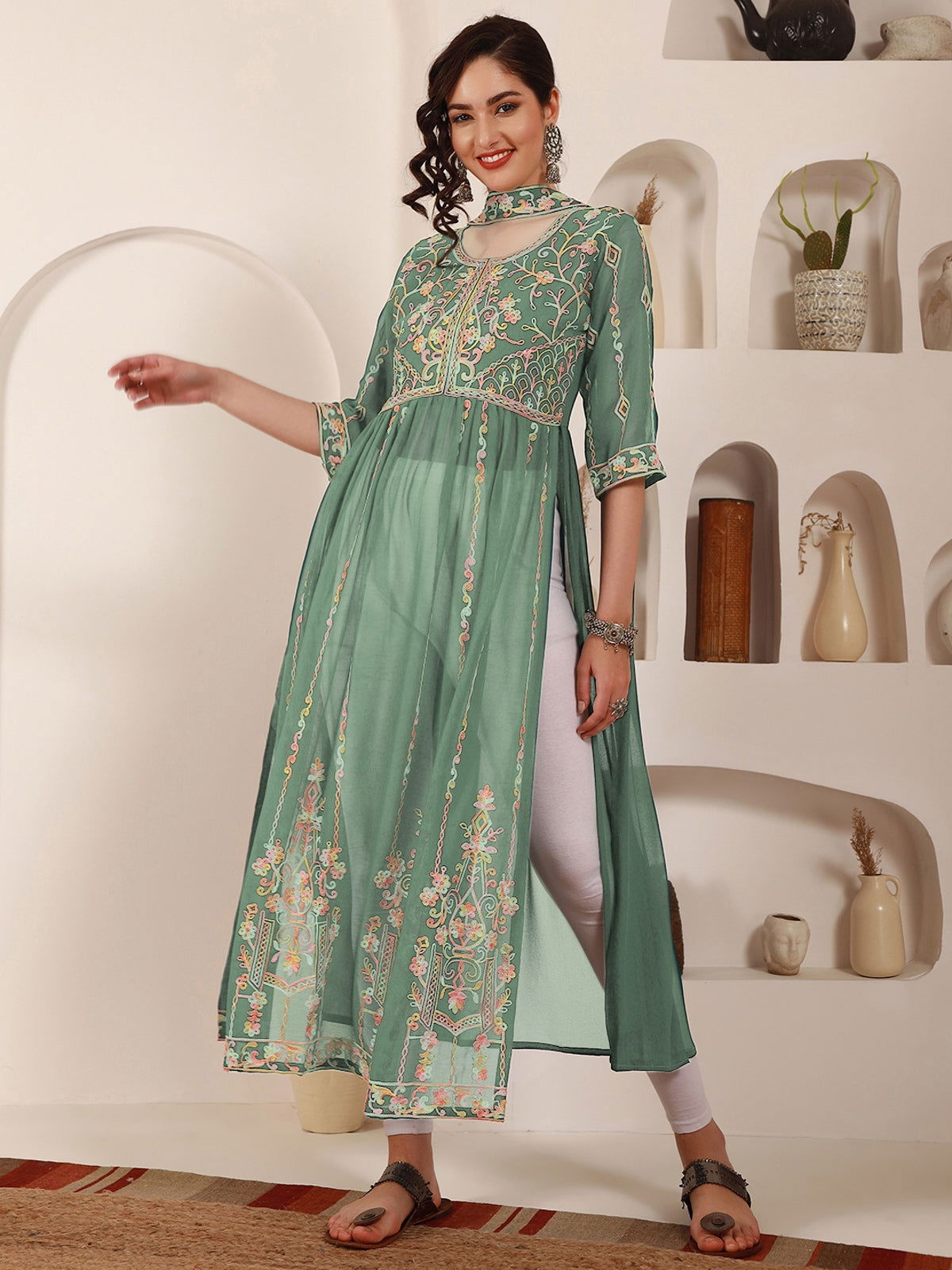 Youthnic - Georgette Embroidered and Sequence Work Naira Cut Kurta and Dupatta Set