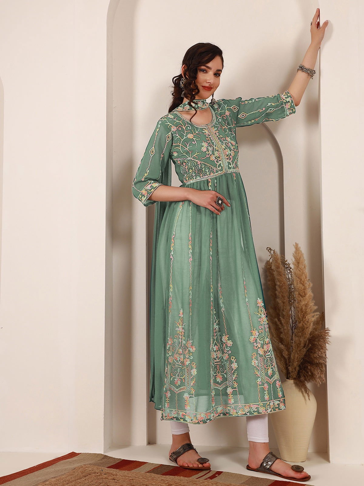 Youthnic - Georgette Embroidered and Sequence Work Naira Cut Kurta and Dupatta Set