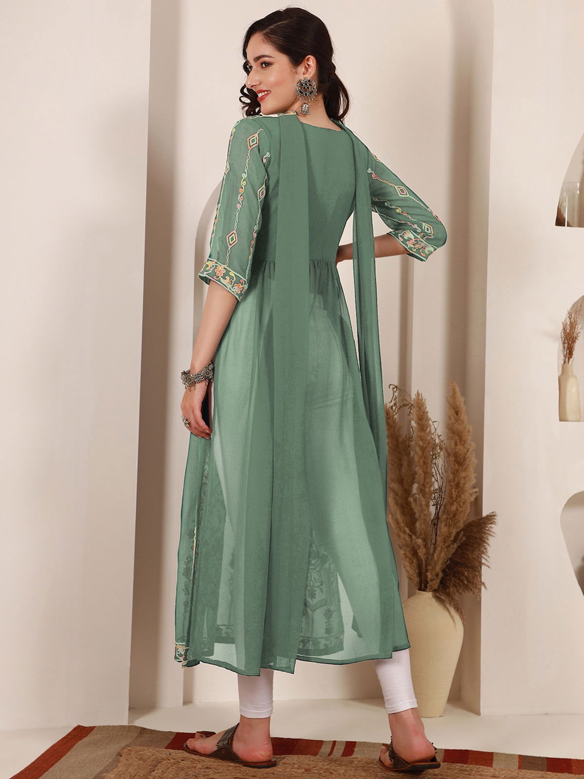 Youthnic - Georgette Embroidered and Sequence Work Naira Cut Kurta and Dupatta Set