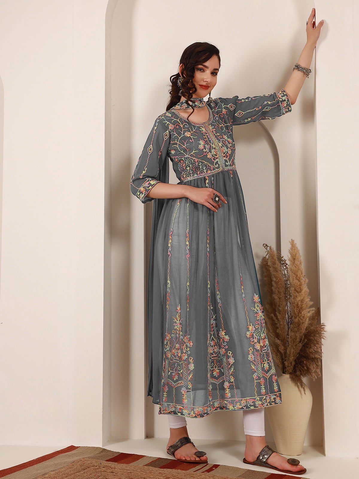 Youthnic - Georgette Embroidered and Sequence Work Naira Cut Kurta and Dupatta Set