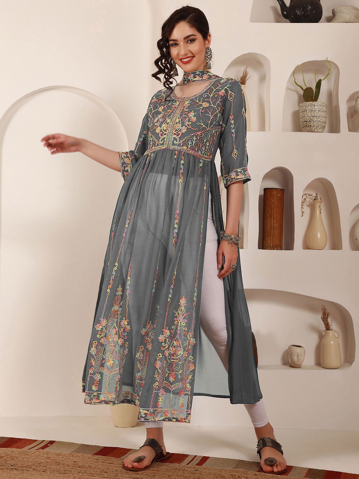 Youthnic - Georgette Embroidered and Sequence Work Naira Cut Kurta and Dupatta Set