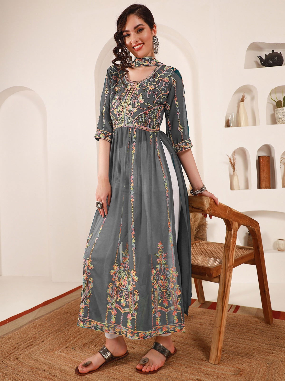 Youthnic - Georgette Embroidered and Sequence Work Naira Cut Kurta and Dupatta Set