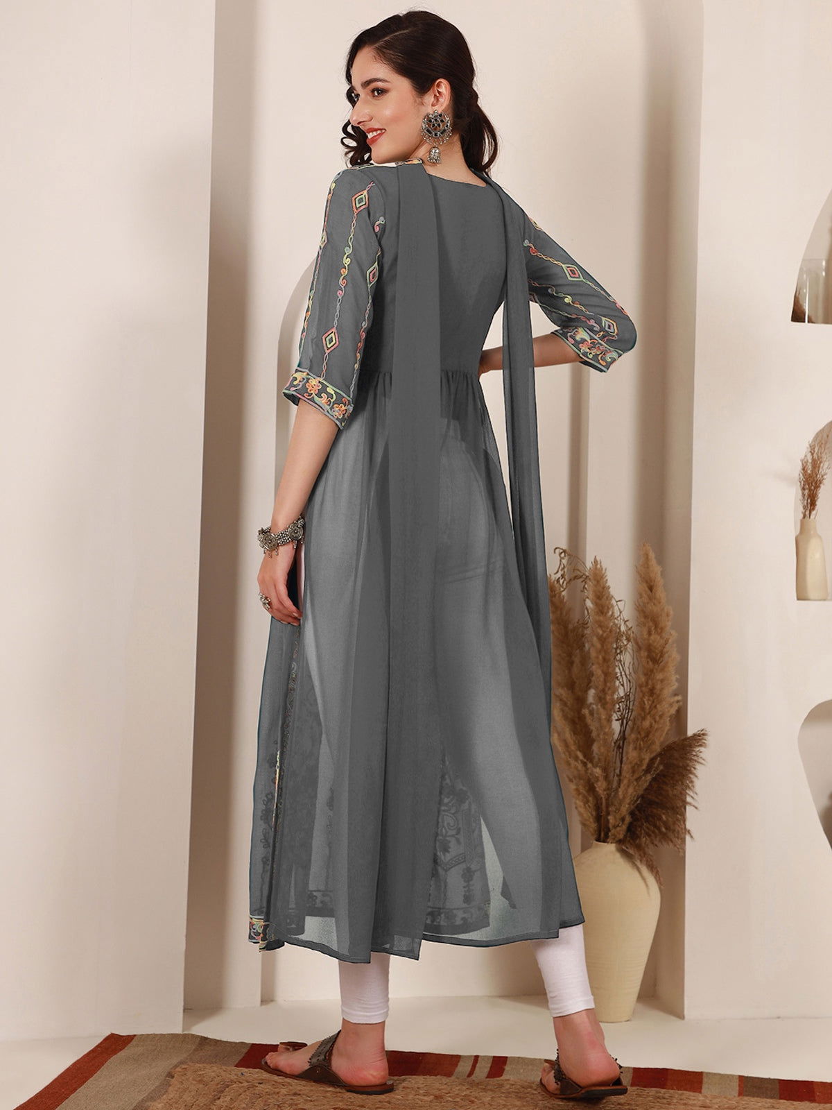 Youthnic - Georgette Embroidered and Sequence Work Naira Cut Kurta and Dupatta Set