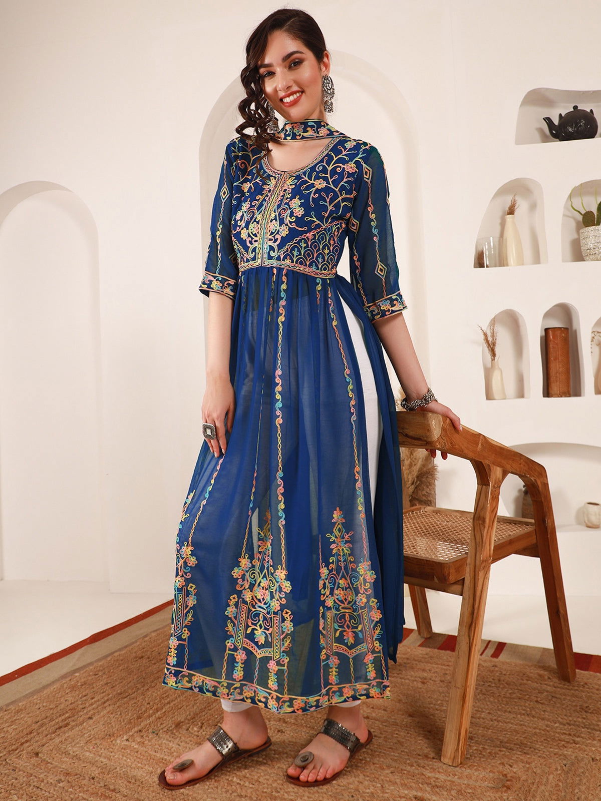 Youthnic - Georgette Embroidered and Sequence Work Naira Cut Kurta and Dupatta Set