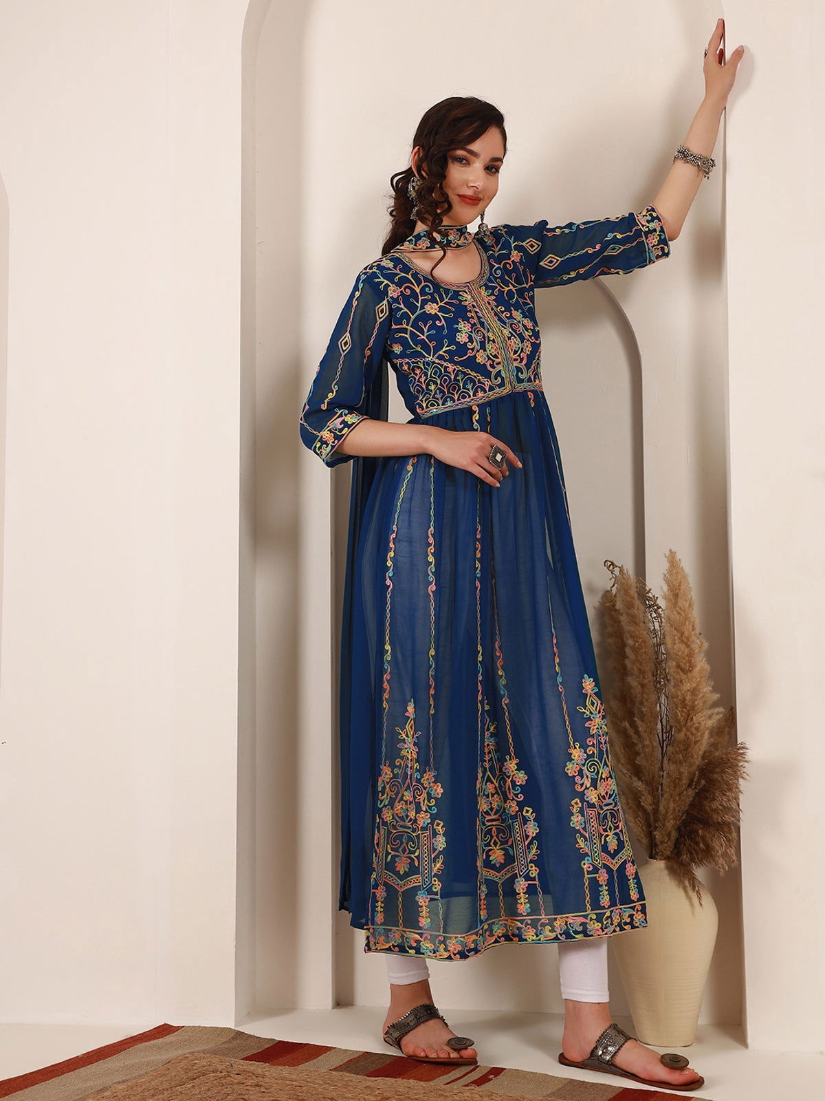 Youthnic - Georgette Embroidered and Sequence Work Naira Cut Kurta and Dupatta Set