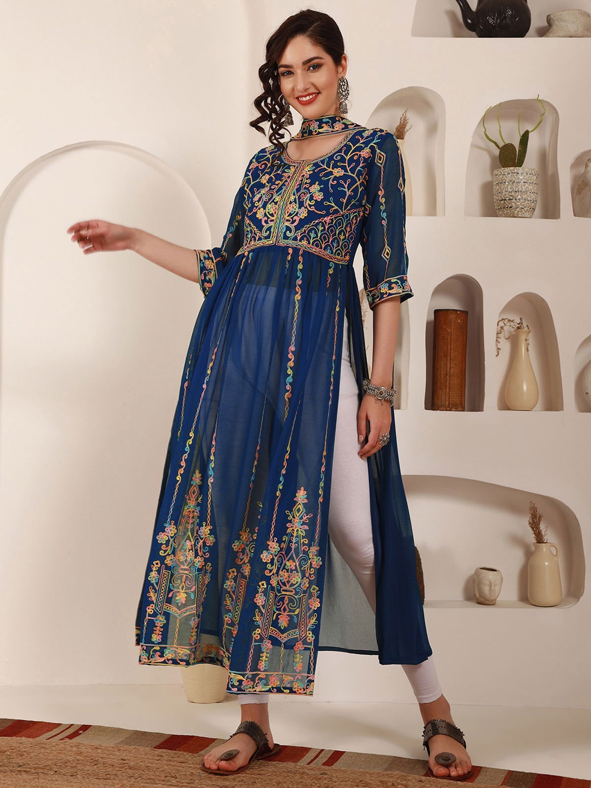 Youthnic - Georgette Embroidered and Sequence Work Naira Cut Kurta and Dupatta Set