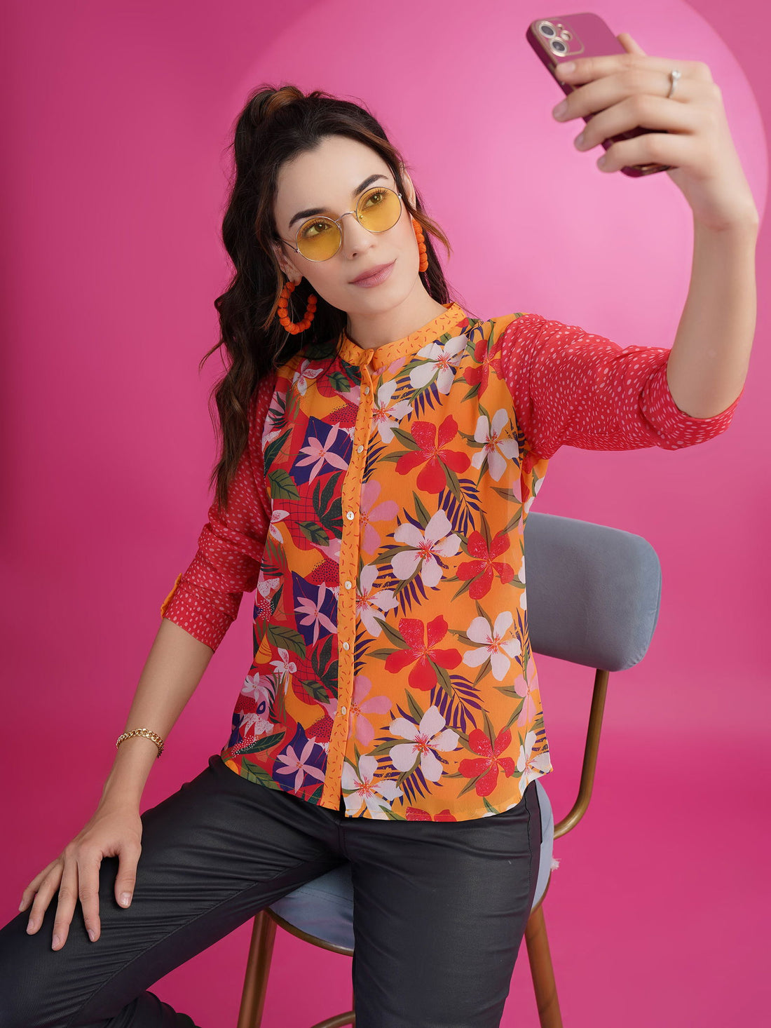 Youthnic - Georgette Floral Print Casual Wear Shirt With Separate matching singlet