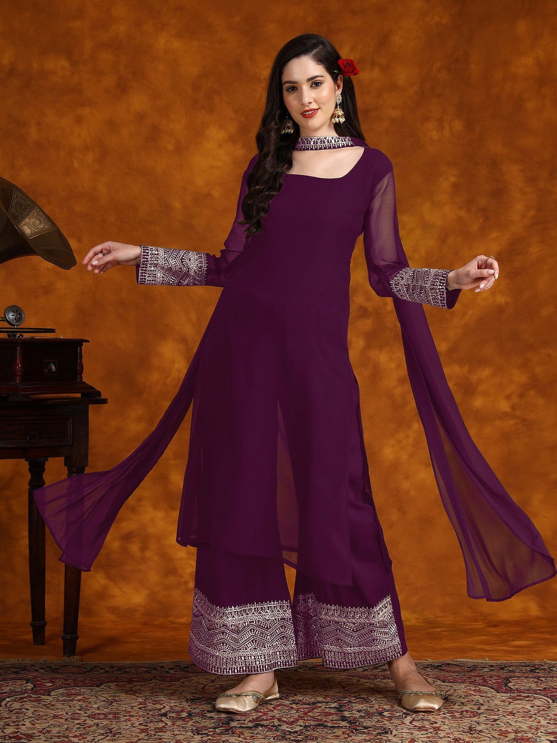 Youthnic - Georgette Lace Work Kurta Palazzo and Dupatta Set