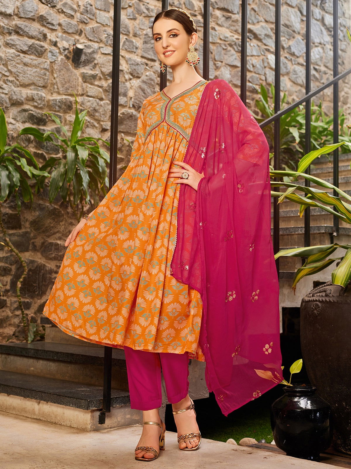 Youthnic - Musline Printed and Embroidered Work Alia Cut and Naira Cut Kurta Pant and Dupatta Set