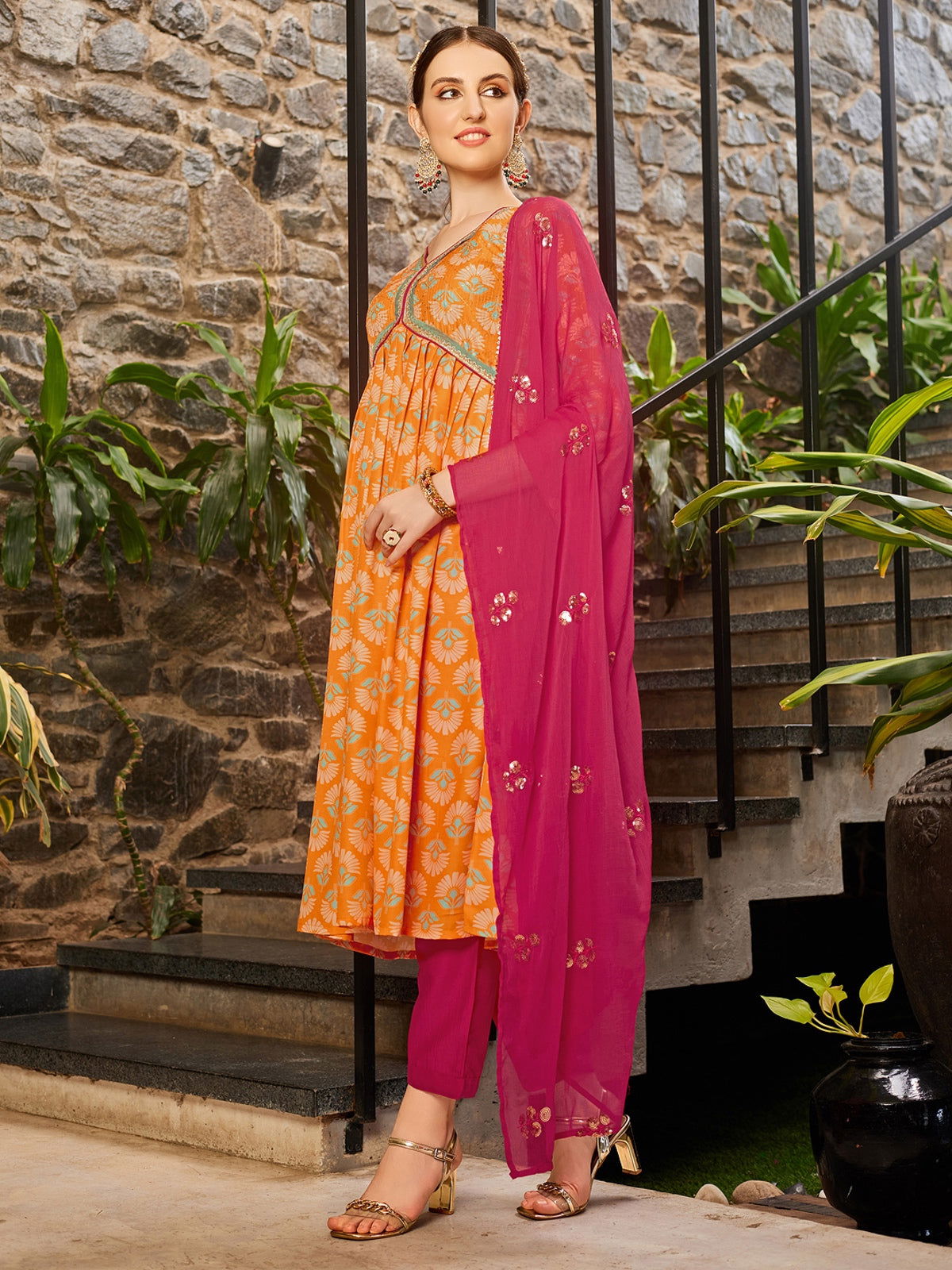 Youthnic - Musline Printed and Embroidered Work Alia Cut and Naira Cut Kurta Pant and Dupatta Set
